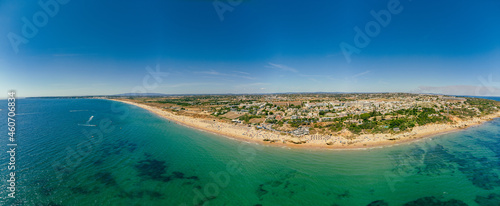 Panoramic aerial view of Praia Da Gale beach, near Albufeira and Armacao De Pera, Algarve, Portugal