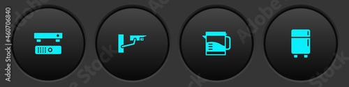Set Multimedia and TV box, Security camera, Electric kettle and Refrigerator icon. Vector