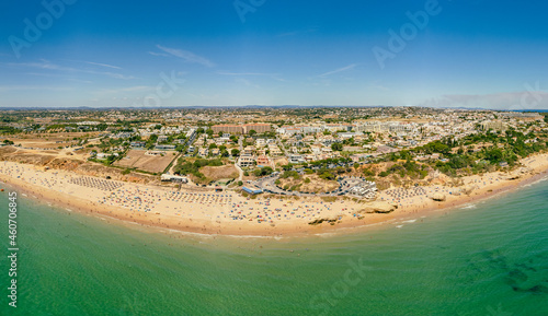 Panoramic aerial view of Praia Da Gale beach, near Albufeira and Armacao De Pera, Algarve, Portugal