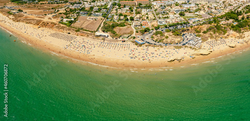 Panoramic aerial view of Praia Da Gale beach, near Albufeira and Armacao De Pera, Algarve, Portugal