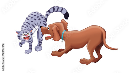 chien, chat, bagarre, dispute,  animal, dessin animé, illustration,  animal de compagnie, chiot, mammifère, brun, art, caractère, canidé, dessin, drôle, queue, fun, humour,  ferme, course,  photo