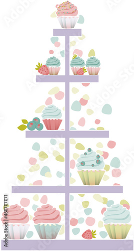 Different cupcakes on table decorated with strawberries and blueberries. Wedding, celebration, holiday design.