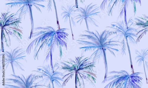 Subdued tropics on a lilac pattern with coconut trees painted in watercolor for textiles and surface design
