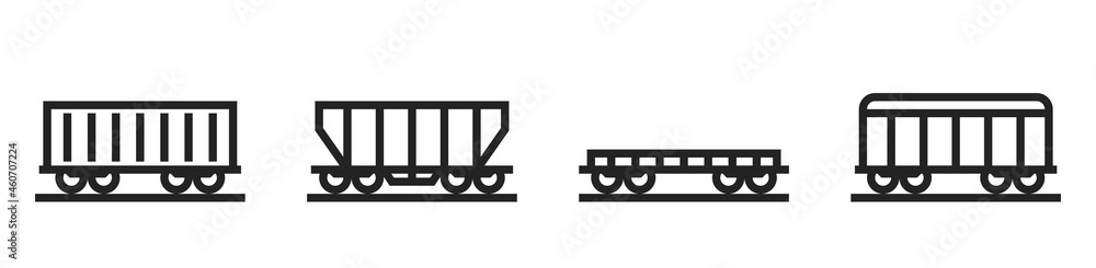 Cargo train wagon line icon set. railway freight cars and railway transportation symbol Cargo train wagon line icon set. railway freight cars and railway transportation symbol
