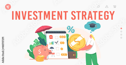 Investment Strategy Landing Page Template. Tiny Characters Collect Coins into Huge Piggy Bank for Education. Save Money