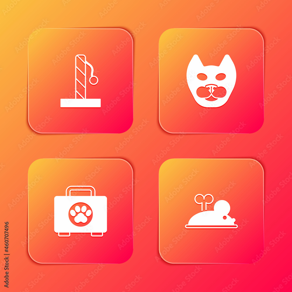 Set Cat scratching post, , Pet first aid kit and Clockwork mouse icon. Vector Set Cat scratching post, , Pet first aid kit and Clockwork mouse icon. Vector