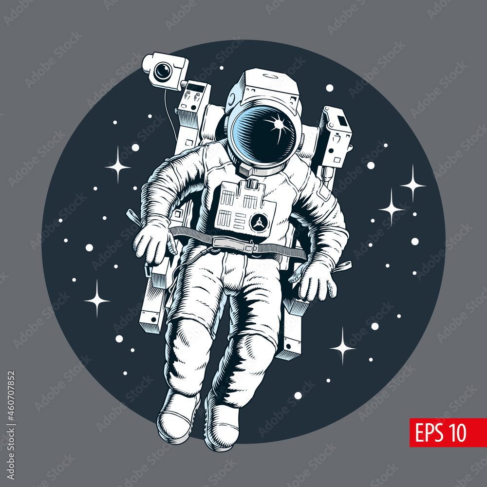 Astronaut flying with jetpack in outer space, stars on background. Comic style vector illustration.