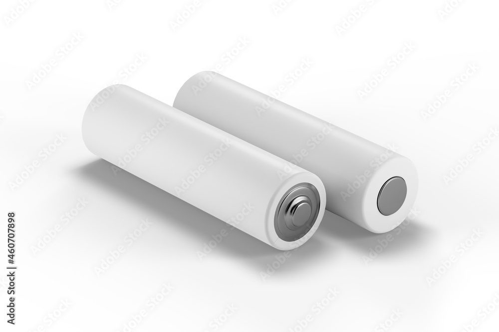Two 2 white AA batteries on a white background with a shadow. 3D rendering. Two 2 white AA batteries on a white background with a shadow. 3D rendering.
