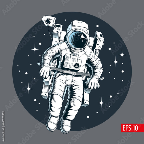 Fototapeta Naklejka Na Ścianę i Meble -  Astronaut flying with jetpack in outer space, stars on background. Comic style vector illustration.
