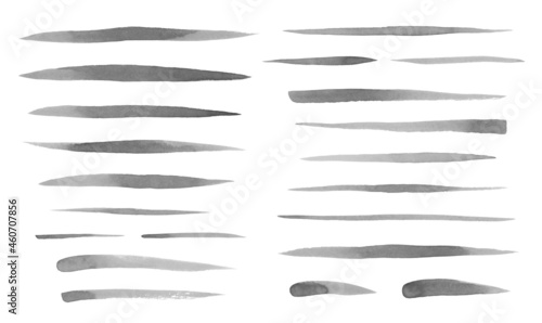 Grey, gray watercolor, ink brush strokes set, collection. Uneven lines, stripes, underlines, doodle streaks, fusiform smears. Hand drawn watercolour design elements, text backgrounds, brushstrokes.