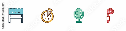 Set BBQ brazier, Homemade pie, Microphone and Birthday party horn icon. Vector