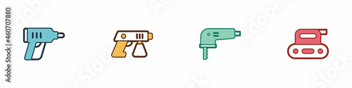 Set Electric cordless screwdriver, Paint spray gun, jigsaw and planer tool icon. Vector
