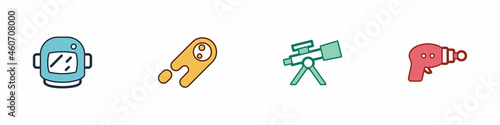 Set Astronaut helmet, Comet falling down fast, Telescope and Ray gun icon. Vector