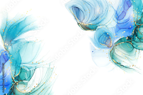 Cyan mint liquid marble watercolor background with gold lines. Teal turquoise marbled alcohol ink drawing effect. Vector illustration backdrop, watercolour wedding invitation, menu or rsvp