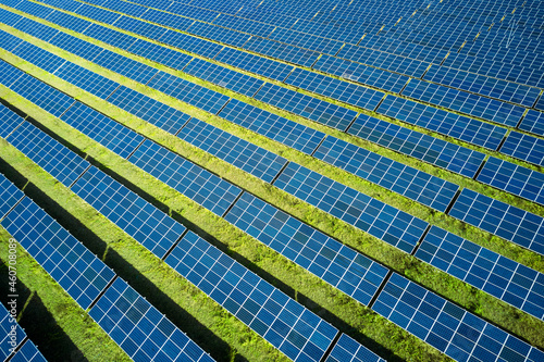 Top view of a solar panel consisting of many modules of solar cells. Texture. Copy space.