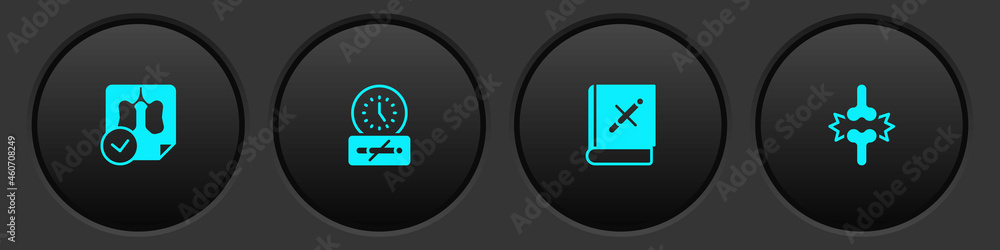 Set Lungs x-ray diagnostics, No smoking time, Book with stop cigarette and Joint pain, knee pain icon. Vector Set Lungs x-ray diagnostics, No smoking time, Book with stop cigarette and Joint pain, knee pain icon. Vector