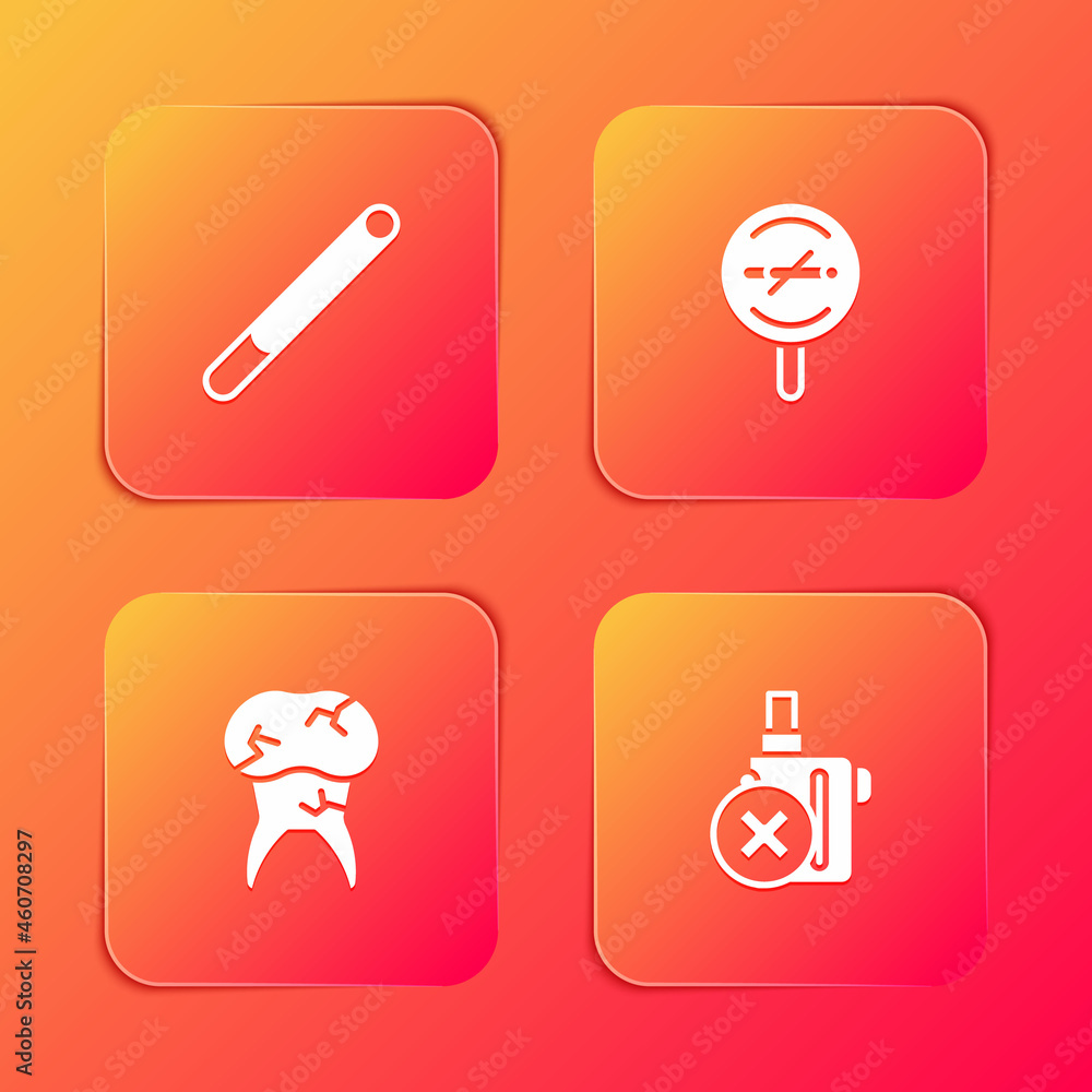Set Cigarette, No smoking, Tooth with caries and electronic cigarette icon. Vector