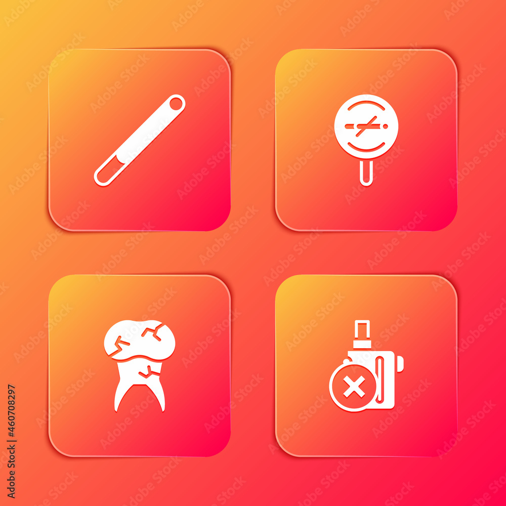 Set Cigarette, No smoking, Tooth with caries and electronic cigarette icon. Vector Set Cigarette, No smoking, Tooth with caries and electronic cigarette icon. Vector