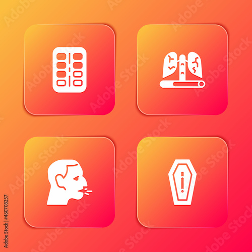 Set Nicotine gum in blister pack, Disease lungs, Man coughing and Death from smoking icon. Vector