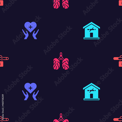 Set No smoking at home, Heart with cross, Disease lungs and on seamless pattern. Vector