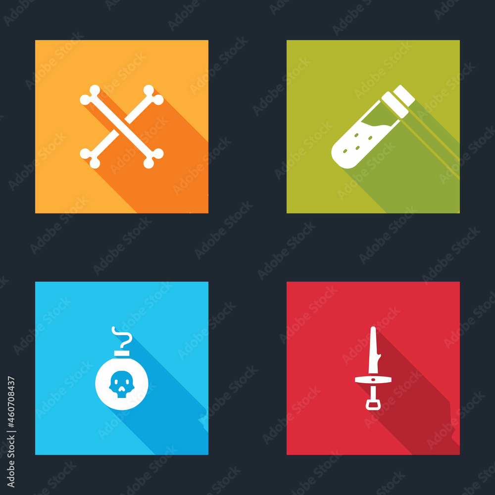 Set Crossed human bones, Bottle with potion, Bomb ready to explode and Dagger icon. Vector Set Crossed human bones, Bottle with potion, Bomb ready to explode and Dagger icon. Vector