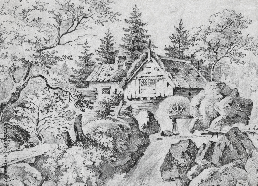 Alte Mühle im Wald am steinigen Bach, Bleistiftzeichnung Mitte 19. Jahrhundert