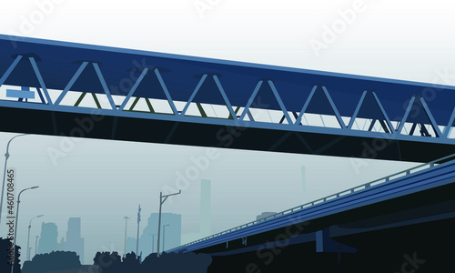 vector illustration depicting a city street with overpasses and bridges in the fog for the design of the backgrounds of interiors of rooms, offices and banners, cards, posters in an urban style photo