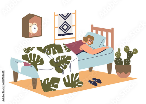 Woman sleeping comfortable lying under blanket in bed with comfort mattress