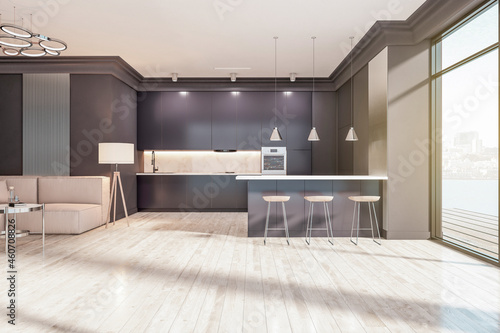 Modern black studio kitchen interior with wooden flooring, window with city view and sunlight. 3D Rendering.