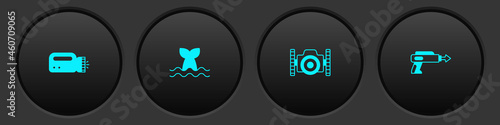 Set Flashlight for diver, Whale tail, Photo camera and Fishing harpoon icon. Vector
