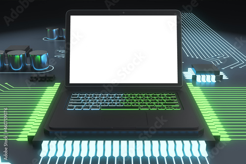 Abstract circuit built in empty white laptop screen on green hardware background. Technology, software and equipment concept. Mock up, 3D Rendering.
