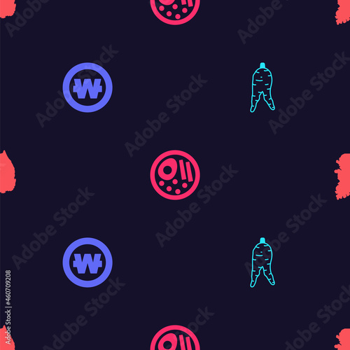 Set Ginseng root, South Korean won coin, Ramen and map on seamless pattern. Vector