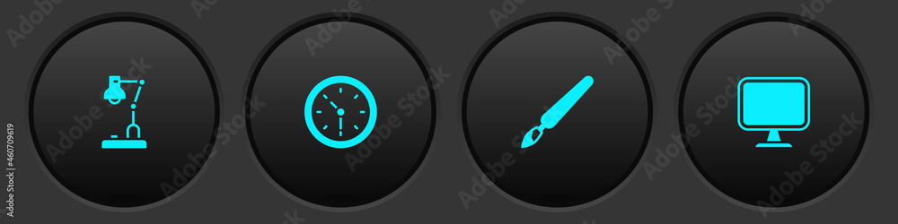Set Table lamp, Clock, Paint brush and Computer monitor icon. Vector Set Table lamp, Clock, Paint brush and Computer monitor icon. Vector