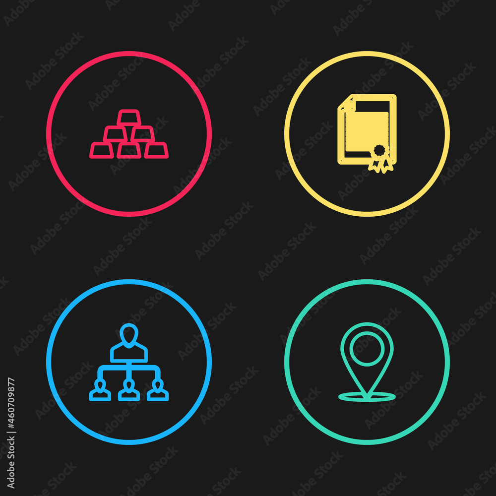 Set line Referral marketing, Map pin, Certificate template and Gold bars icon. Vector Set line Referral marketing, Map pin, Certificate template and Gold bars icon. Vector