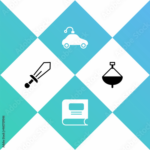 Set Sword toy, Book, Radio controlled car and Whirligig icon. Vector