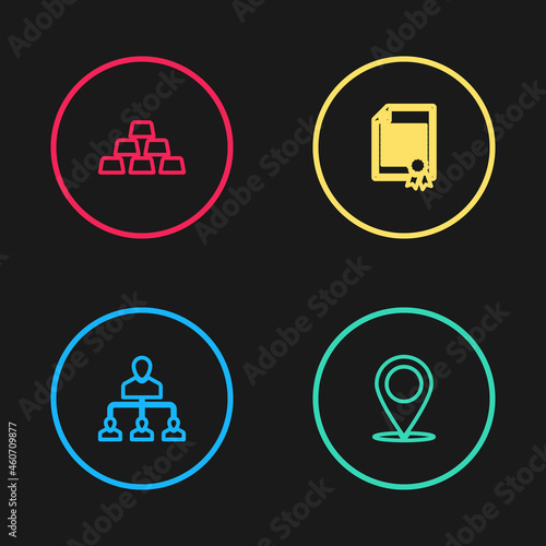 Set line Referral marketing, Map pin, Certificate template and Gold bars icon. Vector