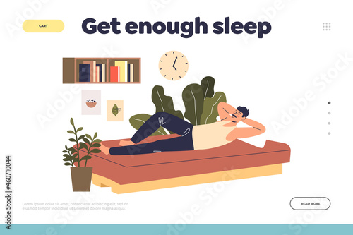 Get enough sleep concept of landing page with man napping on coach. Male daydreaming in bedroom