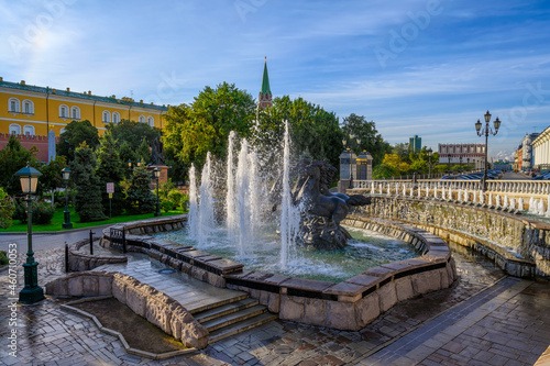 Alexandrovsky Garden near Moscow Kremlin in Moscow, Russia. Architecture and landmark of Moscow. Moscow cityscape