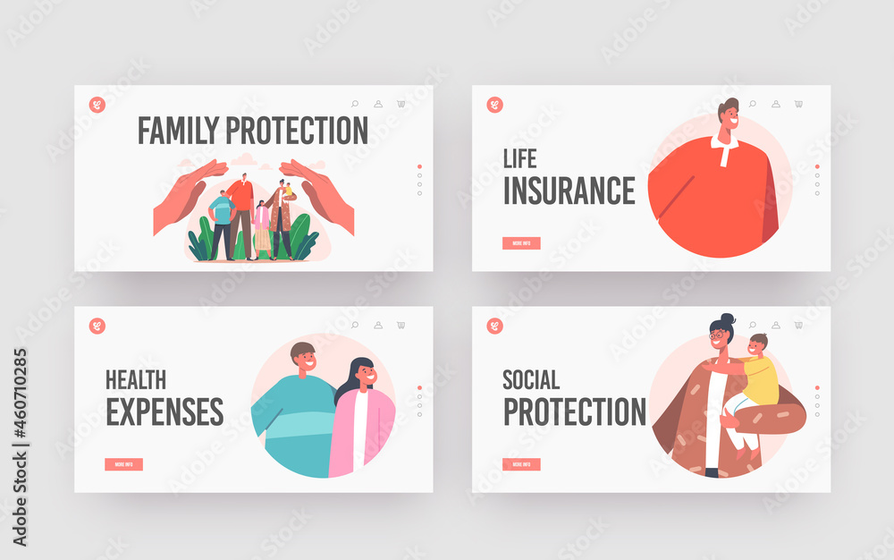 Family Protection Landing Page Template Set. Parents, Children Characters Stand under Huge Human Hands. Social Support