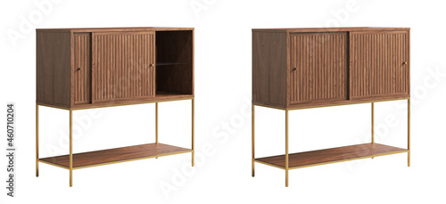 Modern bar cabinet with sliding wood doors and hidden glass shelving. 3d render