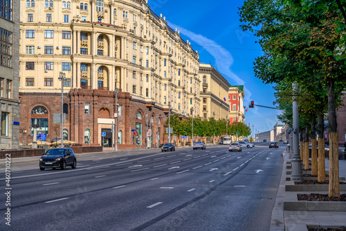 Tverskaya Street in Moscow, Russia. It is the main radial street of Moscow. Moscow architecture and landmark.