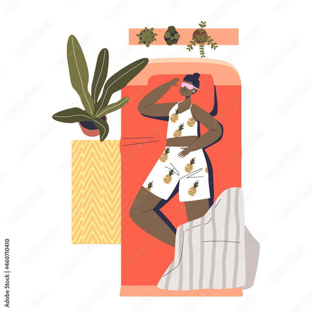 Obraz premium Young woman sleeping deeply lying on back in bedroom on bed with comfortable mattress