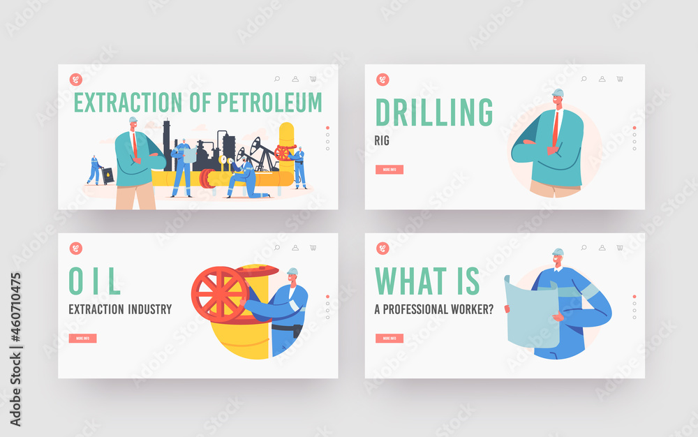 Petroleum Extraction Landing Page Template Set. Oil Industry Workers Characters at Drilling Platform with Pump Tower