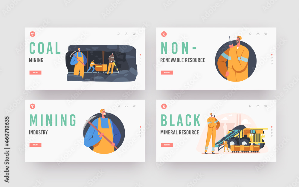 Coal Mining Landing Page Template Set. Extraction Industry Workers Characters at Quarry Loading Fossils on Mine Trolley Coal Mining Landing Page Template Set. Extraction Industry Workers Characters at Quarry Loading Fossils on Mine Trolley