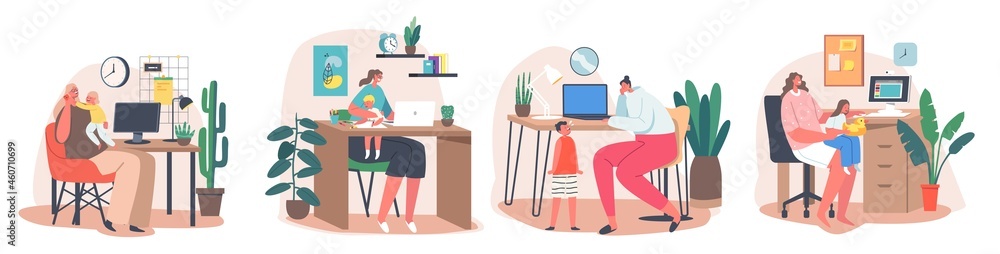 Maternity and Career Concept. Business Mom Working at Home. Mother with Kids Sitting at Desk Working on Computers Maternity and Career Concept. Business Mom Working at Home. Mother with Kids Sitting at Desk Working on Computers