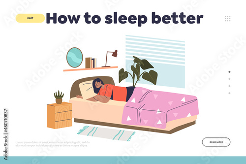 Sleep better concept of landing page with young woman in bed in bedroom tired deep dreaming