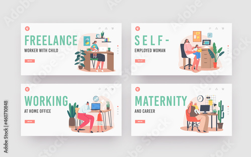 Maternity and Career Landing Page Template Set. Business Mom Working at Home. Mother with Kids Sitting at Desk Working