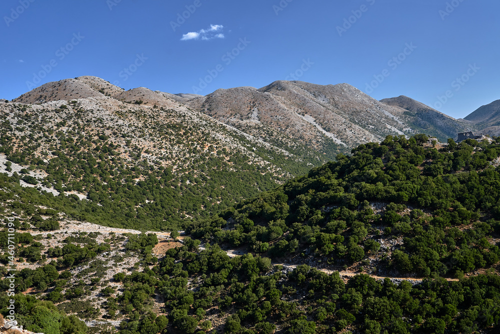 A valley and rocky peaks in the Lefka Ori mountains on the island of Crete