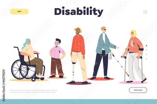 Disability landing page with group of disabled handicapped young people on wheelchair, with crutches
