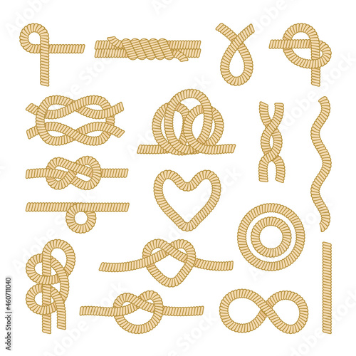 Set Sea Rope Knots, Nautical Marine Cords Elements and Parts Isolated on White Background. Different Loops and Strings